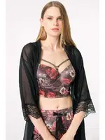 Tül Dantelli Sabahlık Balenli Destekli Dolgulu Yaka Detaylı Çiçek Baskılı Kadife Büstiyer Sütyen ve Pantolon Pijama 3'lü Takım Anıl 5683 Siyah detay görünüm