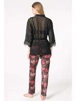 Tül Dantelli Sabahlık Balenli Destekli Dolgulu Yaka Detaylı Çiçek Baskılı Kadife Büstiyer Sütyen ve Pantolon Pijama 3'lü Takım Anıl 5683 Siyah farklı açı