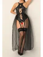 Tül Etekli Deri Fantezi Kostüm Phevos 012-000136 Siyah