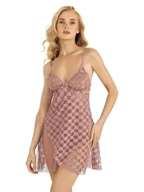 Ahu Lingerie Tül Yırtmaçlı Vizon Kısa Tül Gecelik Ahu Primoda 4218