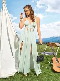 Pink Night Turkuaz Göğüs Dekolteli Uzun Kadın Seksi Elbise Pink Night 5581