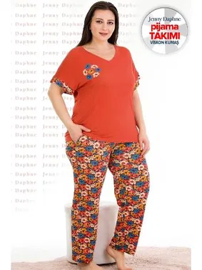 Lady Turuncu Çiçekli Büyük BedenKısa Kollu Pijama Takımı Lady 10938