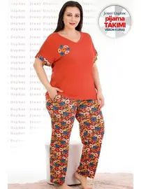 Lady Turuncu Çiçekli Büyük BedenKısa Kollu Pijama Takımı Lady 10938