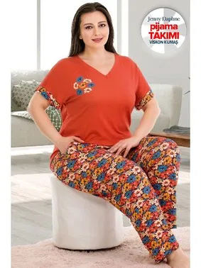 Lady Turuncu Çiçekli Büyük BedenKısa Kollu Pijama Takımı Lady 10938 - Alternatif Görünüm