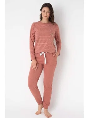 Anıl Cotton Uzun Kol Bisiklet Yaka Çizgili Kışlık Örme Normal Bel Pijama Takımı Anıl 9859