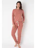 Cotton Uzun Kol Bisiklet Yaka Çizgili Kışlık Örme Normal Bel Pijama Takımı Anıl 9859 Gül Kurusu