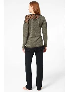 Anıl Uzun Kollu Bisiklet Yaka Elastan Kışlık Örme Transparan Tül Detaylı Pijama Takımı Anıl 9084