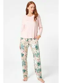 Anıl Viskon Uzun Kol V Yaka Çiçek Desenli Pijama Takımı Anıl 9854