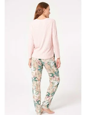 Anıl Viskon Uzun Kol V Yaka Çiçek Desenli Pijama Takımı Anıl 9854 - Alternatif Görünüm