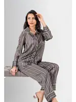 Uzun Kollu Düğmeli Çizgili 2li Kadın Pijama Takımı Ahu Loriva 1947 Gri