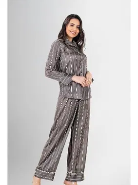 Ahu Lingerie Uzun Kollu Düğmeli Çizgili 2li Kadın Pijama Takımı Ahu Loriva 1947 - Alternatif Görünüm