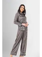 Uzun Kollu Düğmeli Çizgili 2li Kadın Pijama Takımı Ahu Loriva 1947 Gri detay görünüm
