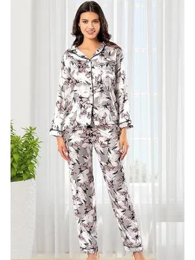 XSES Uzun Kollu Düğmeli Gömlek Yaka Saten Empirme Pijama Çeyiz Seti XSES 2000