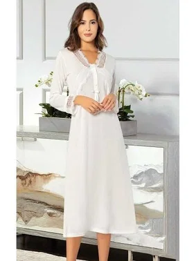 XSES Uzun Kollu Düğmeli Lohusa Gecelik Ekru XSES 2500