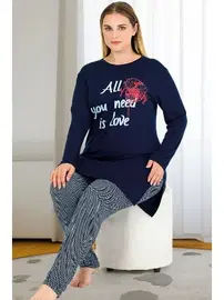 Lady Uzun Kollu Lacivert Büyük Beden Viskon Kapri Pijama Takımı Lady 11401