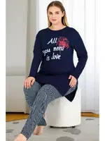 Uzun Kollu Lacivert Büyük Beden Viskon Kapri Pijama Takımı Lady 11401 Lacivert