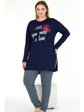 Lady Uzun Kollu Lacivert Büyük Beden Viskon Kapri Pijama Takımı Lady 11401 - Alternatif Görünüm