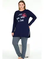 Uzun Kollu Lacivert Büyük Beden Viskon Kapri Pijama Takımı Lady 11401 Lacivert detay görünüm