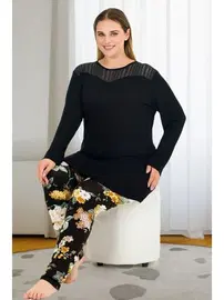 Lady Uzun Kollu Tüllü Çiçekli Büyük Beden Viskon Pijama Takımı Lady 11391