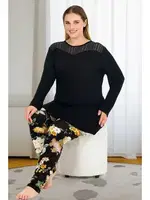 Uzun Kollu Tüllü Çiçekli Büyük Beden Viskon Pijama Takımı Lady 11391 Siyah