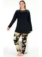 Uzun Kollu Tüllü Çiçekli Büyük Beden Viskon Pijama Takımı Lady 11391 Siyah detay görünüm