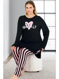 Lady Uzun Kollu Yandan Yırtmaçlı Büyük Beden Viskon Kapri Pijama Takımı Lady 11400