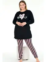 Uzun Kollu Yandan Yırtmaçlı Büyük Beden Viskon Kapri Pijama Takımı Lady 11400 Siyah detay görünüm