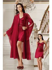 İmaj Uzun Sabahlıklı Mini Gecelik 2li Çeyizlik Saten Set İmaj 4201