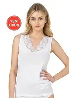 V Yaka Dantel Detaylı Kadın Süprem Pamuklu Esnek Kalın Askılı Atlet Özkan 26957  Beyaz görsel 6