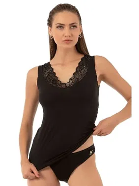 Özkan V Yaka Dantel Detaylı Kadın Süprem Pamuklu Esnek Kalın Askılı Atlet Özkan 26957 