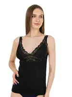 V Yaka Kalın Askılı Pamuklu Modal Dantelli Kadın Atlet Özkan 26851  Siyah görsel 10