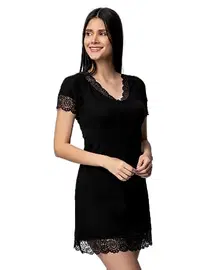 Donex V Yaka Kısa Kollu Dantelli Penye Gecelik Donex 1592