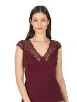 V Yaka Pamuklu Kisa Kollu Dantelli Örme Kadın Atlet Özkan 24205  Bordo