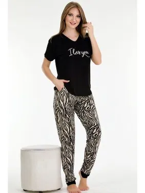 Lady V Yaka Siyah Leopar Desenli Kısa Kollu Pijama Takımı Lady 12548