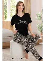 V Yaka Siyah Leopar Desenli Kısa Kollu Pijama Takımı Lady 12548 Siyah detay görünüm