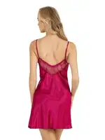 V Yaka Vişne Kısa Saten Gecelik Ahu Primoda 8205 Fuşya detay görünüm
