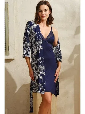 Anıl Viskon Çiçek Baskılı Sabahlık Dantelli Kısa Gecelik Takım Anıl 5707