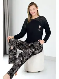 Lady Viskon Çiçek Desenli Uzun Kollu Omuzları Dantel Lady Pijama Takımı 11678