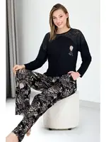 Viskon Çiçek Desenli Uzun Kollu Omuzları Dantel Lady Pijama Takımı 11678 Siyah