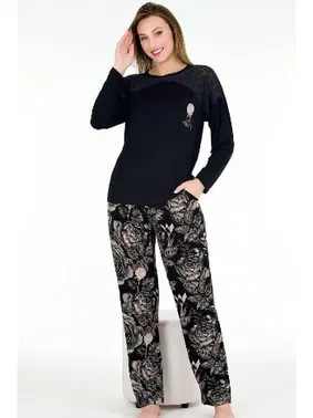 Lady Viskon Çiçek Desenli Uzun Kollu Omuzları Dantel Lady Pijama Takımı 11678 - Alternatif Görünüm