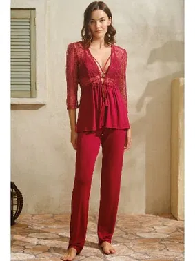 Anıl Viskon Dantelli Sabahlık Sırt Dekolteli Büstiyer Sütyen Pantolon Pijama 3'lü Takım Anıl 5767