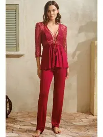 Anıl Viskon Dantelli Sabahlık Sırt Dekolteli Büstiyer Sütyen Pantolon Pijama 3'lü Takım Anıl 5767