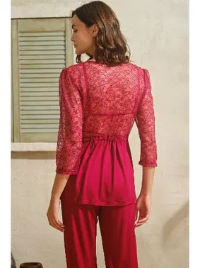 Anıl Viskon Dantelli Sabahlık Sırt Dekolteli Büstiyer Sütyen Pantolon Pijama 3'lü Takım Anıl 5767 - Alternatif Görünüm