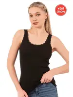 Viskon Kaşkorse Dantelli Esnek Yumuşak Kalın Askılı Kadın Örme Atlet Özkan 27075  Siyah görsel 5