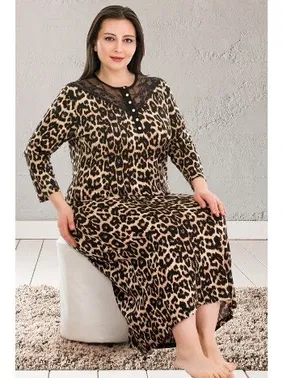 Lady Viskon Kumaş Leopar Desenli Düğmeli Yaka Büyük Beden Anne Gecelik Elbise Lady 7244 - Alternatif Görünüm