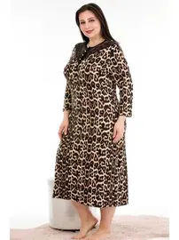 Lady Viskon Kumaş Leopar Desenli Düğmeli Yaka Büyük Beden Anne Gecelik Elbise Lady 7244