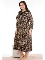 Viskon Kumaş Leopar Desenli Düğmeli Yaka Büyük Beden Anne Gecelik Elbise Lady 7244 Leopar