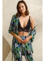 Yaprak Baskılı Sabahlık Balensiz Desteksiz Dolgusuz Dantelli Bralet Pantolon Pijama 3'lü Takım Anıl 5748 Yeşil