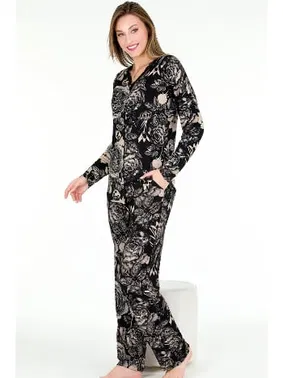 Lady Viskon Yaprak Desenli Önden Düğmeli Uzun Kollu Lady Pijama Takımı 11653 - Alternatif Görünüm