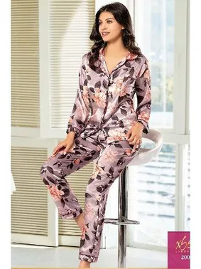XSES Vizon Gömlek Yaka Çiçekli Saten Empirme Pijama Çeyiz Seti XSES 2000